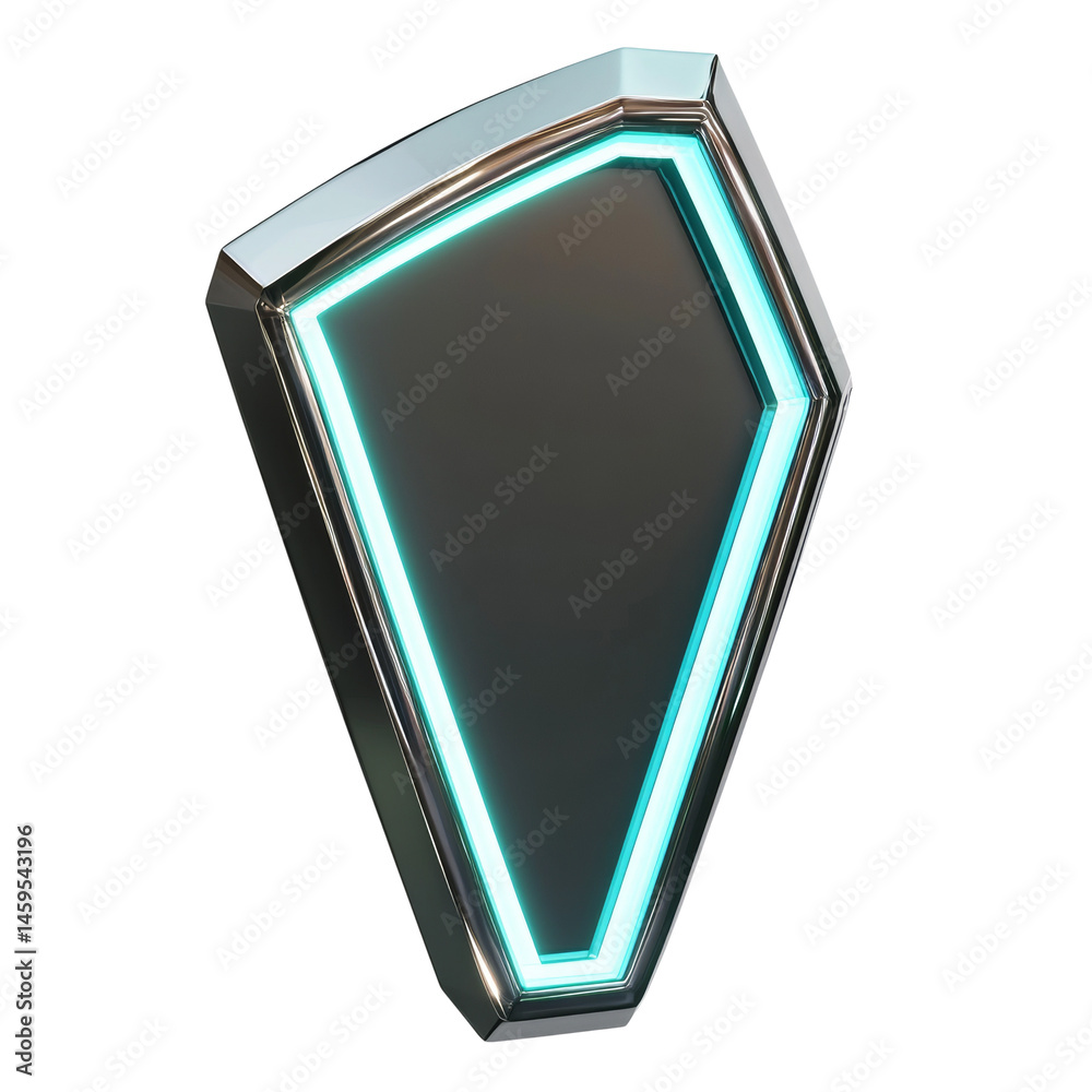 Poster futuristic shield emblem with neon glow and chrome accents in isolation