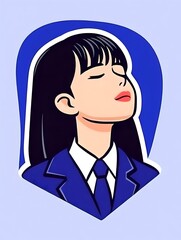 Serene girl in a blue suit, eyes closed, head tilted back