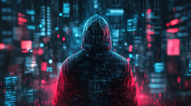 Anonymous Hacker Deciphering Code on Monitor, Back View, Hoodie, Intense Focus, Wide-Angle, Dynamic Lighting, Immersive Scene, Widescreen Wallpaper Concept, Cybersecurity Theme, Digital World Explorat