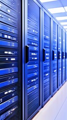 Rows of sleek, dark-blue server racks in a modern data center