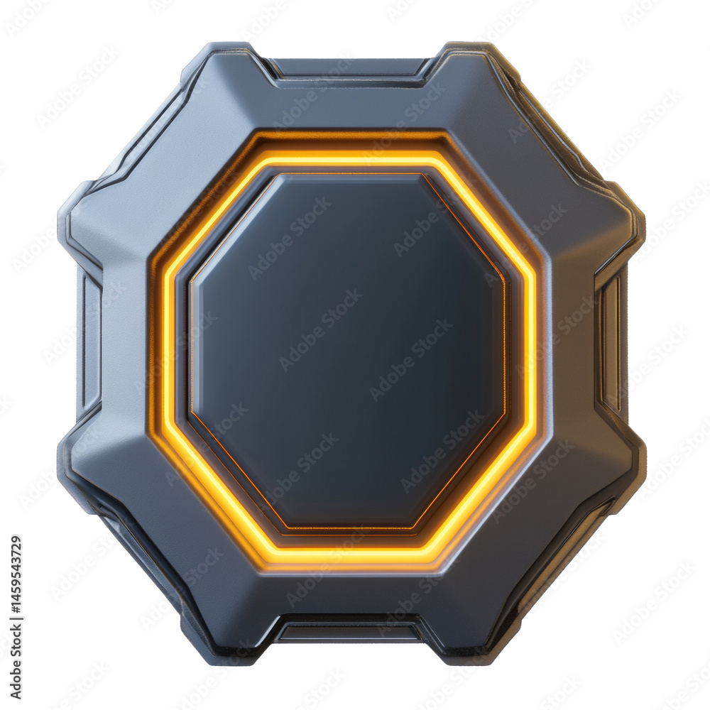 Poster futuristic octagon badge with glowing orange outline on isolated background
