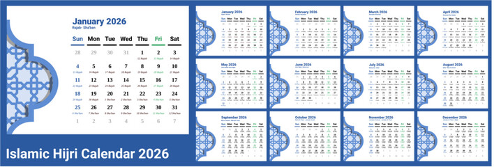 Desk Calendar 2026 with Islamic Hijri calendar .horizontal design combine with Islamic pattern . week start on Sunday. Sunday as weekend. Friday as holy day marked with green.A4 format size.