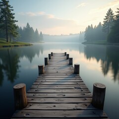 Fototapeta premium Lake view with wooden dock and pine trees during sunset