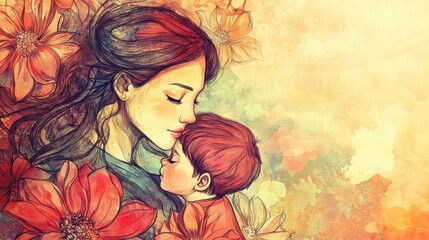An illustration of a mother holding her child amidst colorful flowers.