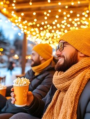 Two men enjoy popcorn under twinkling lights during winter