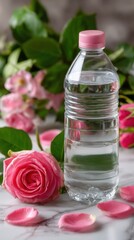 Water bottle with pink cap surrounded by roses and petals on a marble surface