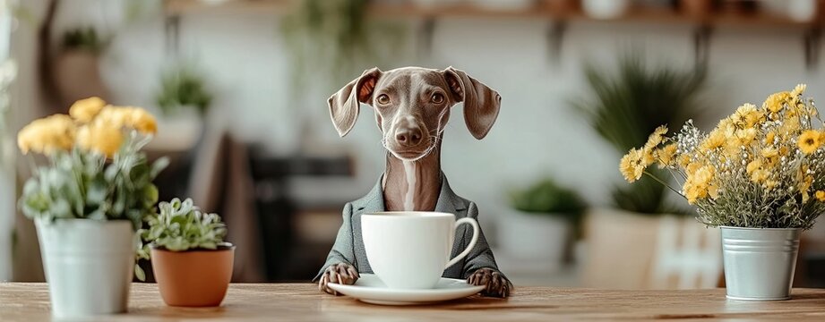 A charming dog sitting at a table with a cup, surrounded by vibrant flowers and plants, showcasing a cozy and joyful atmosphere.