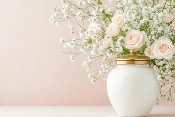 Delicate pink roses and gypsophila elegantly arranged in a white ceramic vase against a soft background