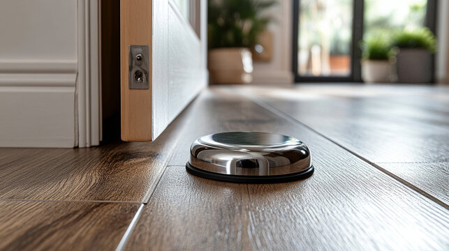 Wooden and chrome door stopper mounted on laminate floor in a home interior