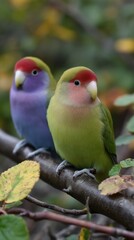 Two colorful lovebirds perched on a branch, one green and one blue with red heads in a natural outdoor setting