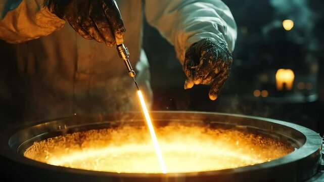 Engineer in heat-resistant gear inserts a temperature probe into a glowing molten core of a sand battery, demonstrating intense thermal energy storage with precision in a high-tech industrial setting.