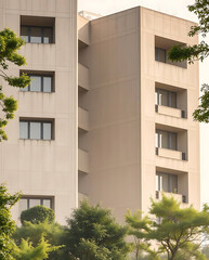 modern brutalism building with lush greenery, created by generative ai