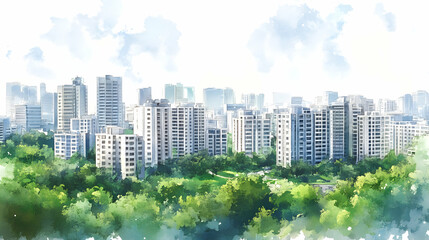 Obraz premium Urban Landscape with Modern Buildings Surrounded by Lush Greenery