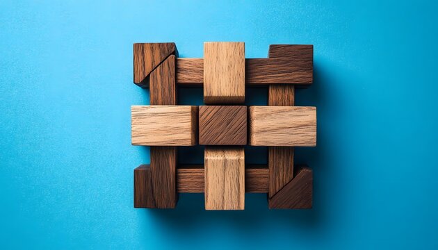 Intricate wooden puzzle design on a vibrant background.