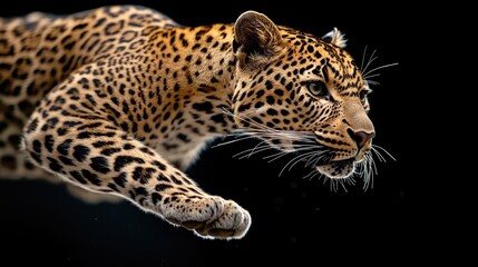 Fototapeta premium A lone leopard in mid-stride, focused and fast, tail balanced behind it, fierce and agile. No people.
