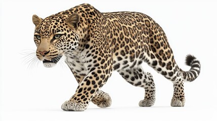 Naklejka premium A lone leopard in mid-stride, focused and fast, tail balanced behind it, fierce and agile. No people.