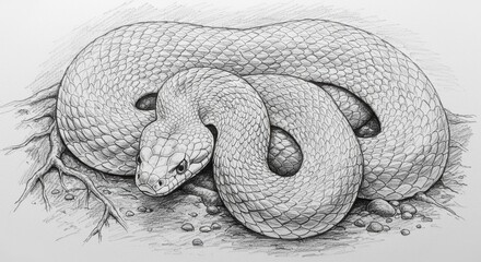 Fototapeta premium Majestic snake coiled elegantly nature's artistry in detailed pencil sketch captivating wildlife beauty