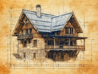 Detailed pen sketch of a traditional alpine chalet with a weathered wooden facade and tiled roof. The illustration showcases architectural details against a textured background.