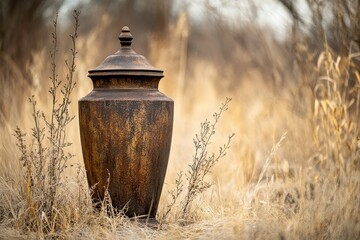 Rustic urn stands alone in dry field surrounded by tall grass and wild plants during golden hour