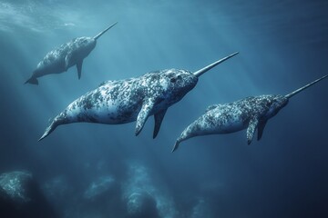 Peaceful narwhal pod swimming beneath icy Arctic waters mystical serene no human no labelling no logo