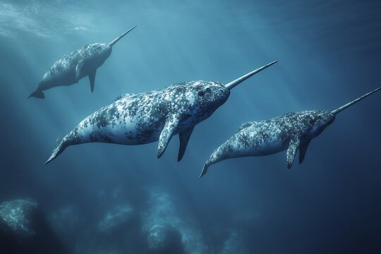 Peaceful narwhal pod swimming beneath icy Arctic waters mystical serene no human no labelling no logo