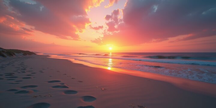 Sunset on the beach with orange sky and silhouetted clouds - Powered by Adobe
