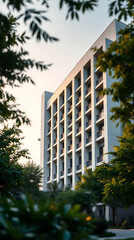 modern brutalism building with lush greenery, created by generative ai