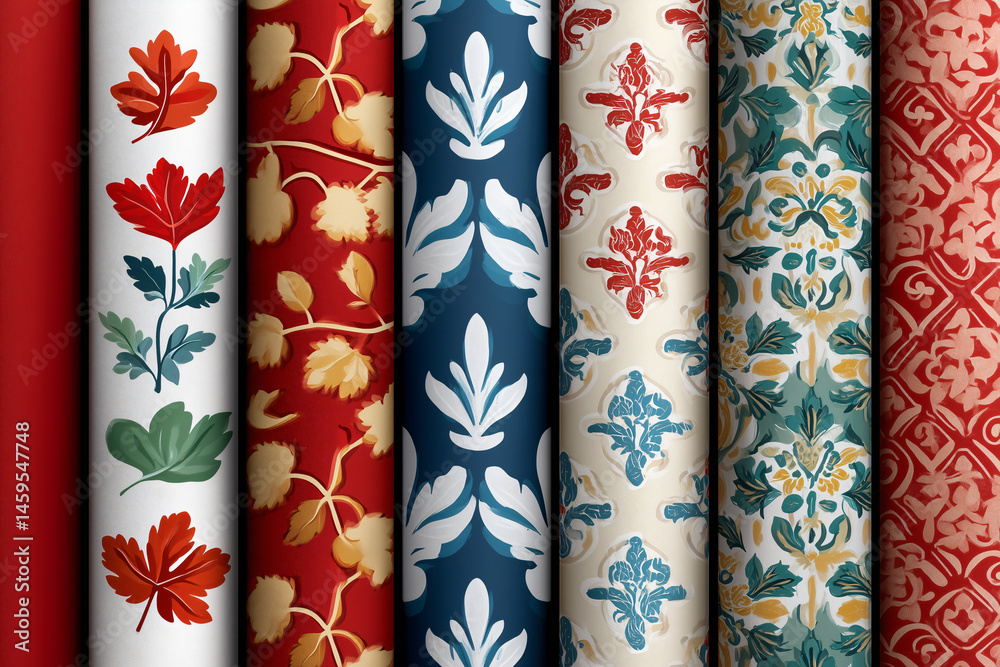 Poster a collection of various patterned rolls of fabric with different designs displayed in a row, showcas