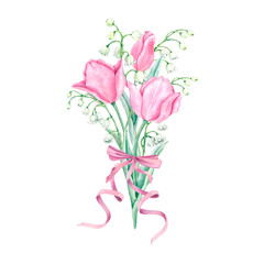 Watercolor bouquet of spring flowers. Blooming pink tulips and delicate white lilies of the valley tied with a ribbon with a bow. Botanical illustration for print, postcard, gift wrapping.