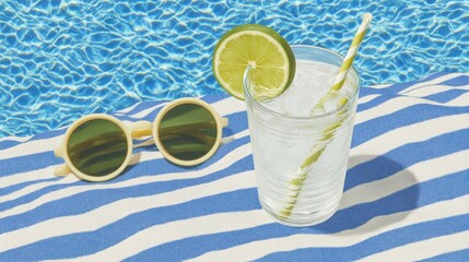Refreshing summer drink with lime and sunglasses by the sparkling pool