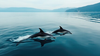 Fototapeta premium Three dolphins jump in harmony over the calm ocean, their sleek bodies creating a perfect arc. No people.