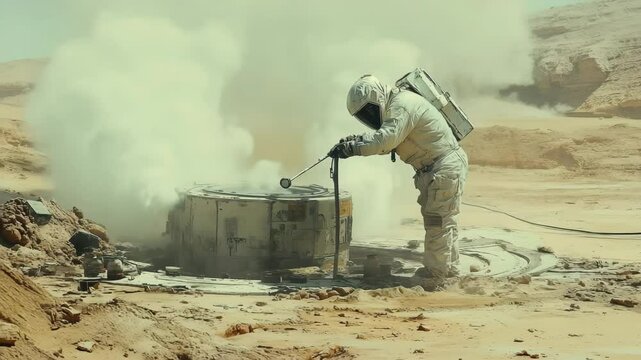 Engineer in protective suit inserts a temperature probe into an outdoor sand battery core amid rising steam, set in a desert-like landscape, showcasing off-grid thermal energy technology in action.