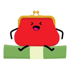 Obraz premium Cartoon character funny red purse, wallet sitting on banknote stack, dollar bundle isolated on white background. Money