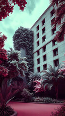 modern brutalism building with lush greenery, created by generative ai