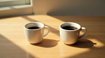 Obraz premium Two cups of dark coffee sit on a light wood surface bathed in sunlight, a peaceful morning scene
