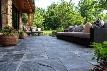Fototapeta premium Modern patio furniture on stone pavers, lush green background, backyard relaxation