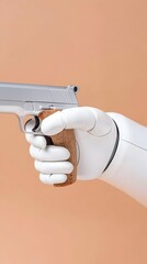 A robotic hand grips a silver handgun against a muted orange backdrop