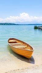 Naklejka premium A serene lakeside scene with a small wooden rowboat gently resting on a sandy shore, clear turquoise water, and mountains in the background under a bright blue sky