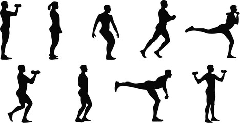 Vector Illustration of Silhouettes Performing Various Fitness Exercises Including Weightlifting, Squats, Running, Kicking, and Stretching