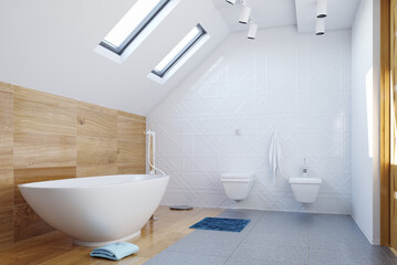 Minimalist white bathroom with skylight