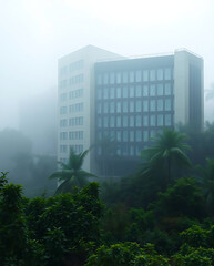 modern brutalism building with lush greenery, created by generative ai