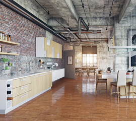 Industrial kitchen with warm lighting