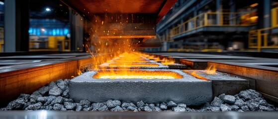Molten metal being poured into molds at a modern steel manufacturing plant, with glowing heat and industrial machinery visible.