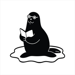 Cute Walrus Sitting on Ice and Reading a Book in Silhouette Style