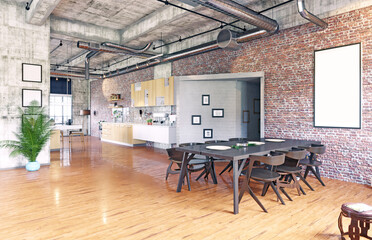 Loft kitchen with brick wall and black table