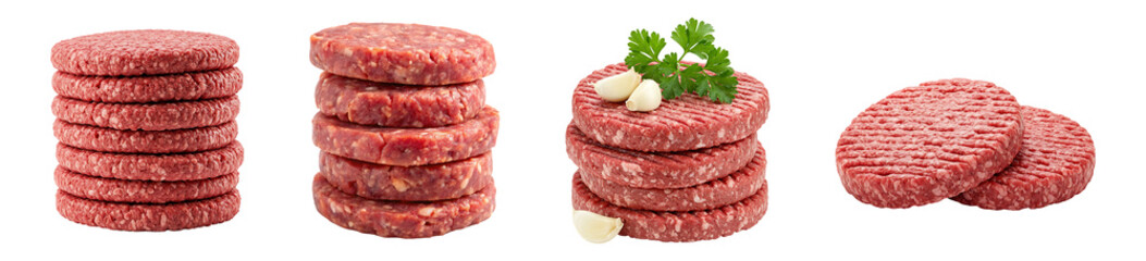 set of raw beef patties in various styles isolated or transparent png