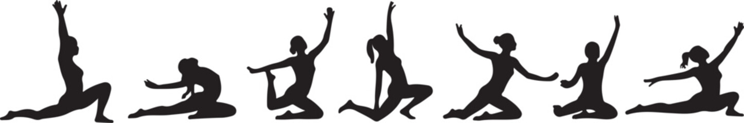 Vector Illustration of Silhouettes Performing Various Fitness Exercises Including Weightlifting, Squats, Running, Kicking, and Stretching