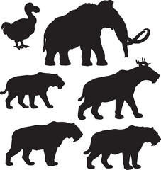 Silhouettes of extinct animals, including the dodo, woolly mammoth, and saber-tooth tiger, set against a stark white background.
