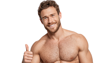 Fitness Enthusiast Giving a Thumbs Up: A muscular man, radiating vitality and wellness, gives an enthusiastic thumbs-up, embodying strength, positivity, and encouragement for a healthy lifestyle.