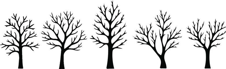 Obraz premium Vector Illustration of Five Bare Trees in Winter with Unique Shapes and Sizes for Seasonal, Nature, and Environmental Design Projects
